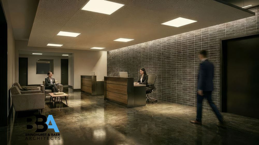 Architect's rendering of the remodeled production office lobby