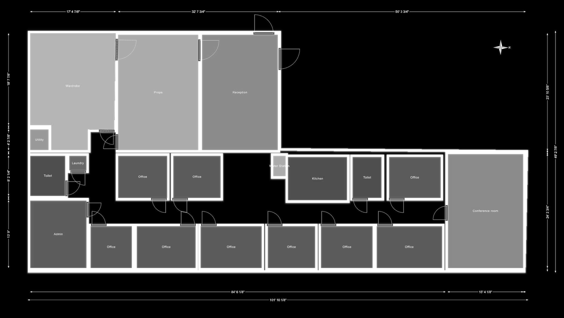 Production office floor plan showing reception, wardrobe, props, nine offices, admin, conference room, kitchen, restrooms, laundry, and utility