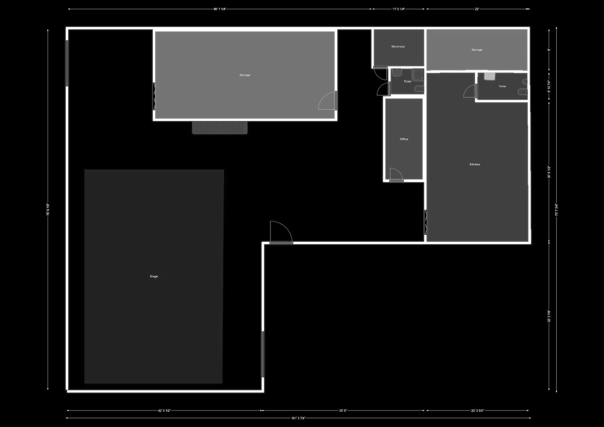 Stage floor plan showing the stage, storage rooms, wardrobe, restrooms, office, and kitchen