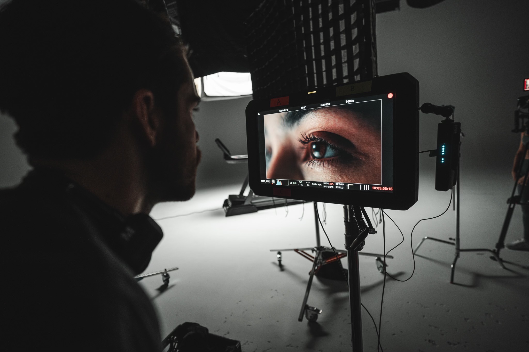 Director watching a close-up on the on-set monitor